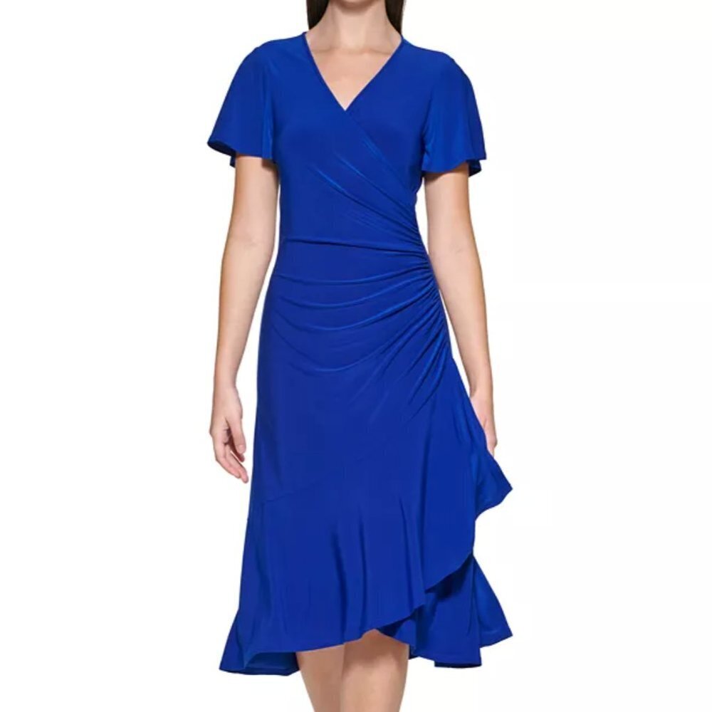 Kensie Short Sleeve Faux Wrap Side Ruched Midi Dress - Blue - size Small - Picture 13 of 13